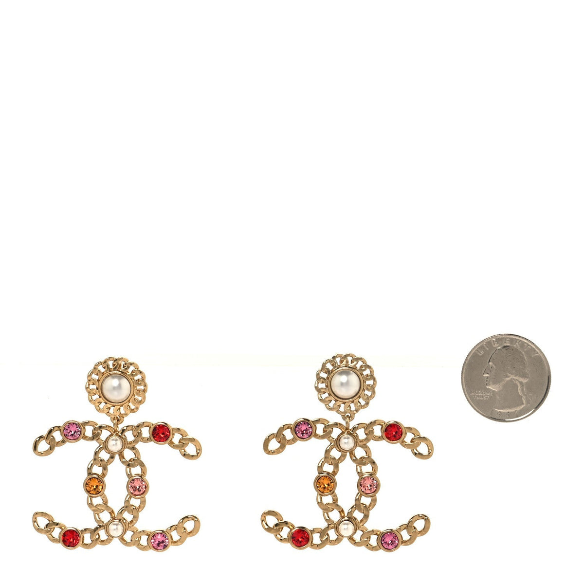 Chanel Pearl Crystal Chain Link CC Drop Earrings Gold Red Pink Yellow