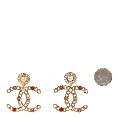 Chanel Pearl Crystal Chain Link CC Drop Earrings Gold Red Pink Yellow