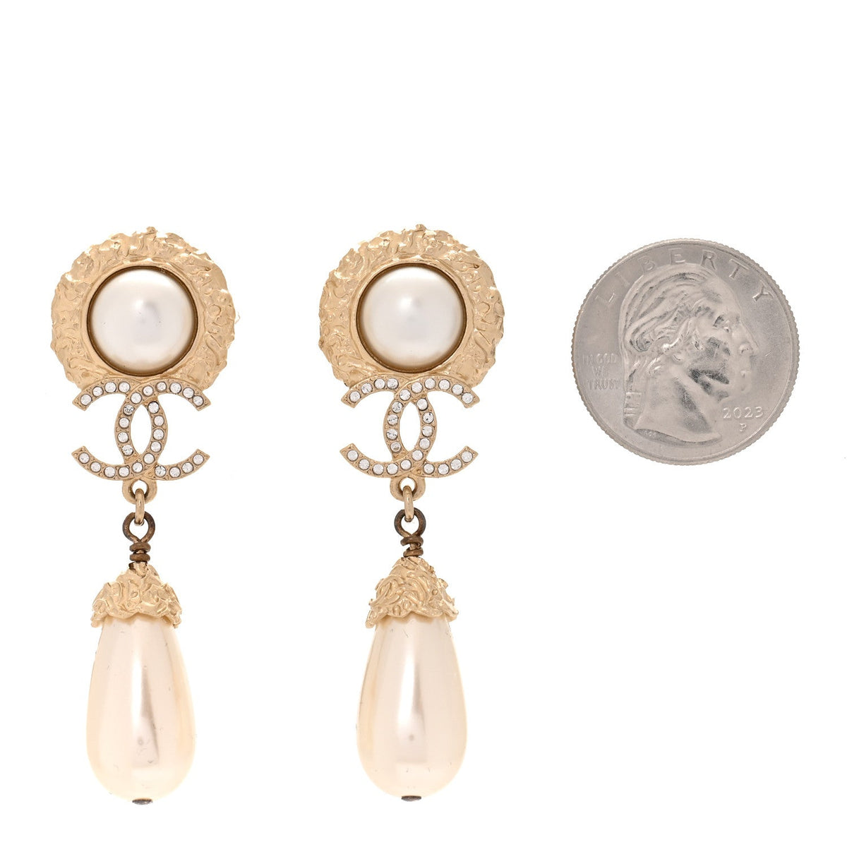 Chanel Metal Pearl Crystal Teardrop CC Drop Earrings Gold
