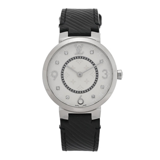 Louis Vuitton Stainless Steel Epi Diamond 33mm Tambour Slim Quartz Watch Black