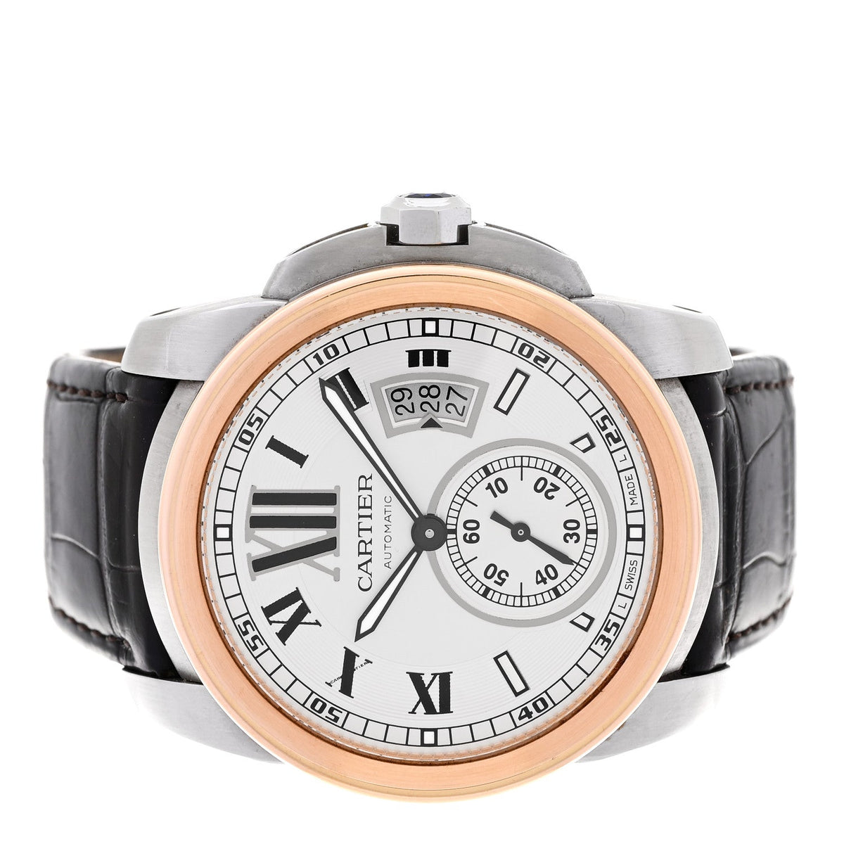 Cartier Stainless Steel 18K Pink Gold Alligator 42mm Calibre de Cartier Automatic Watch Brown