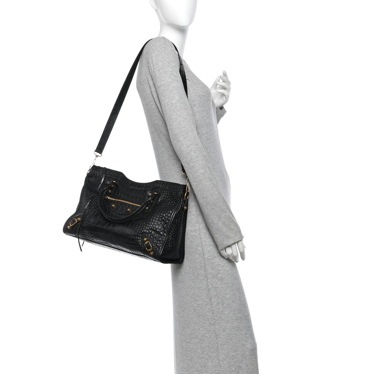 Balenciaga Calfskin Crocodile Embossed Gold Hardware Le City Black