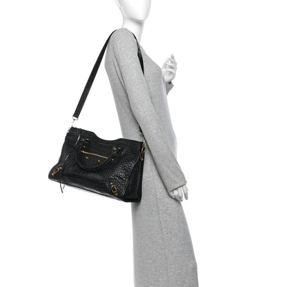 Balenciaga Calfskin Crocodile Embossed Gold Hardware Le City Black