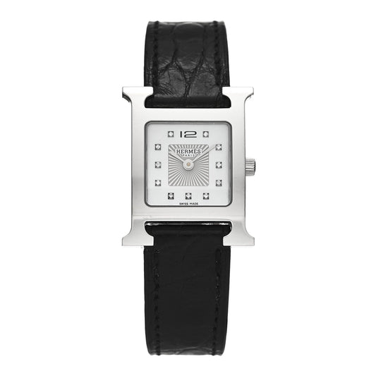 Hermes Stainless Steel Diamond Mother of Pearl 21mm Heure H Watch Noir