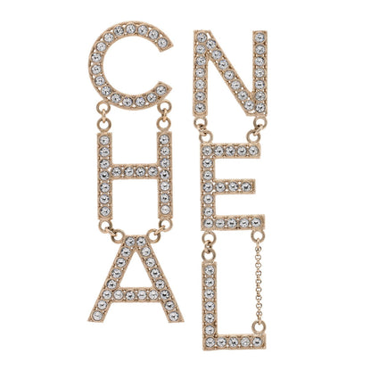 Chanel Crystal Cha-Nel Logo Drop Earrings Gold