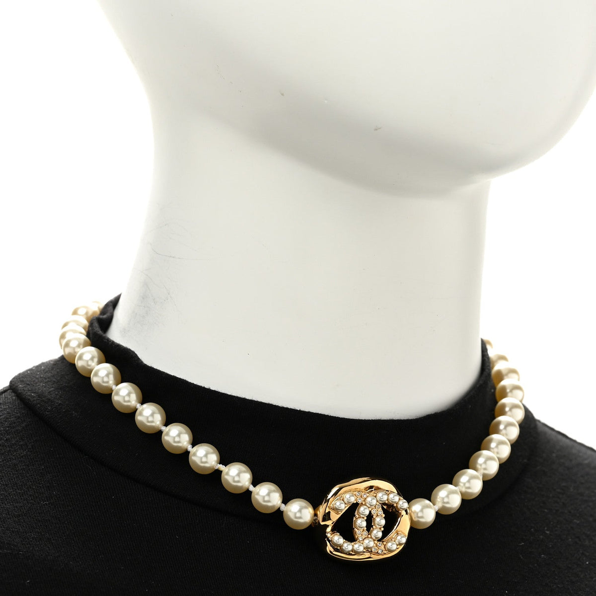 Chanel Pearl Crystal CC Logo Choker Gold White