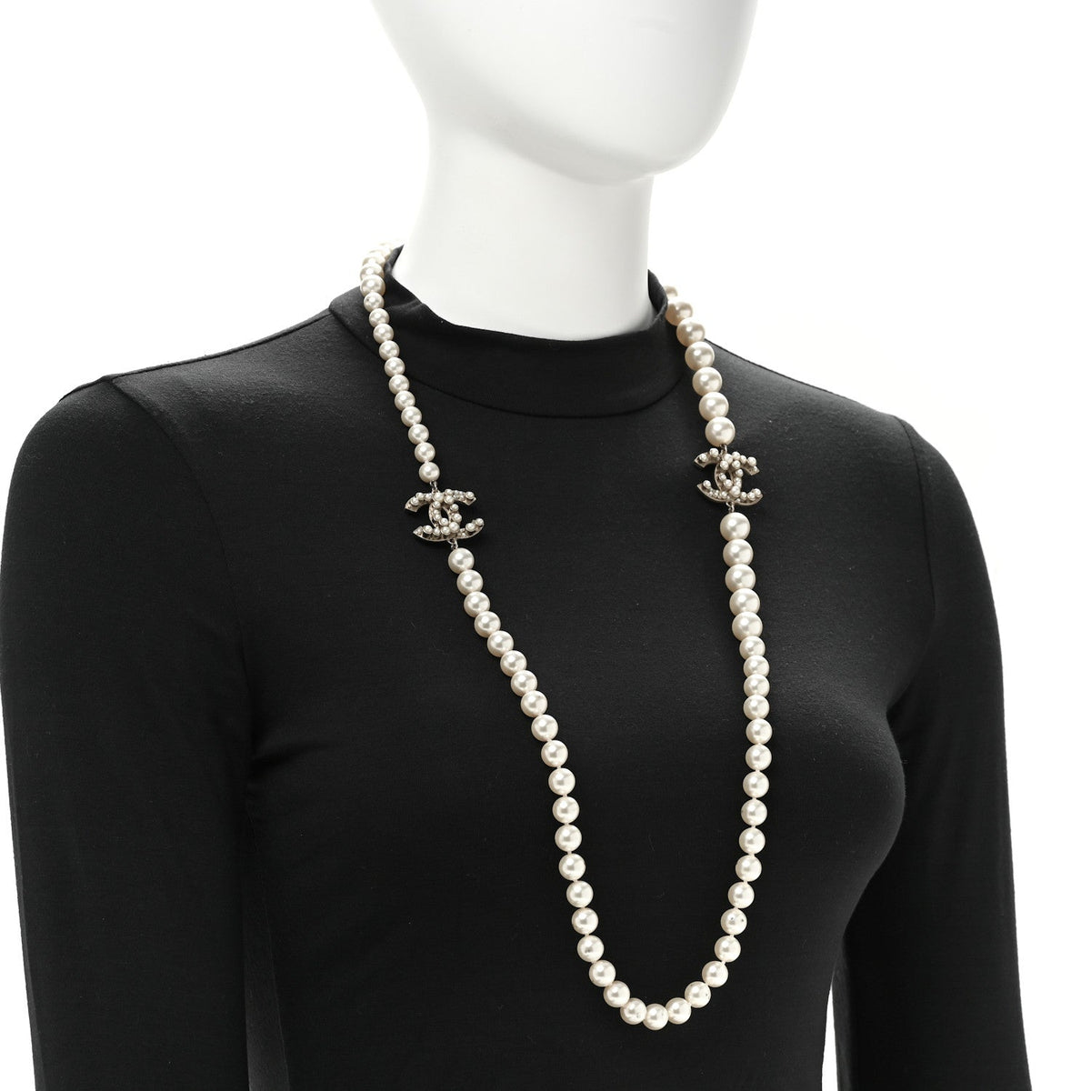 Chanel Gold Tone Crystal Faux Pearl CC Long Necklace
