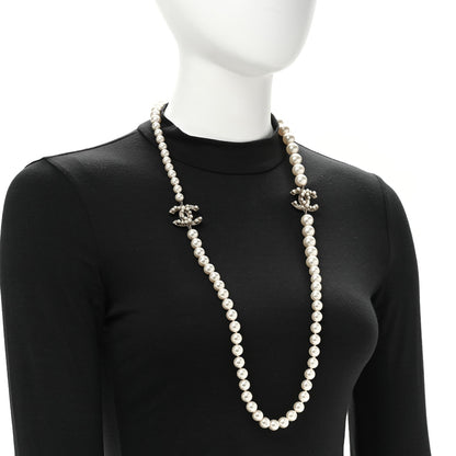 Chanel Gold Tone Crystal Faux Pearl CC Long Necklace