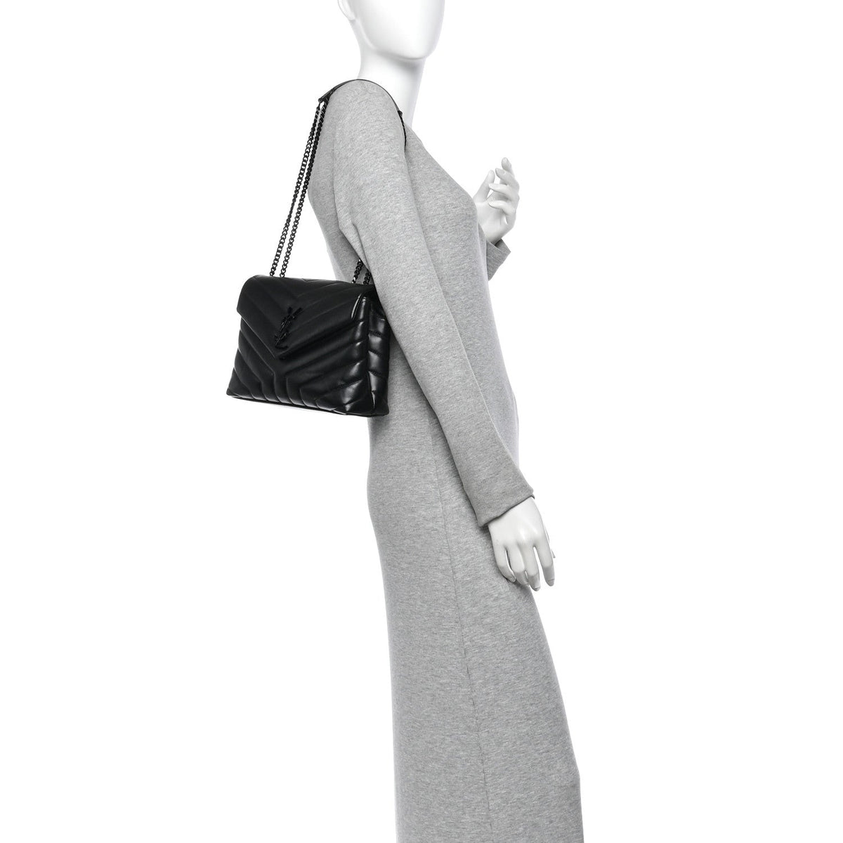 Saint Laurent Calfskin Y Quilted Monogram Small Loulou Chain Satchel Black