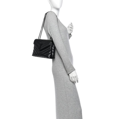 Saint Laurent Calfskin Y Quilted Monogram Small Loulou Chain Satchel Black