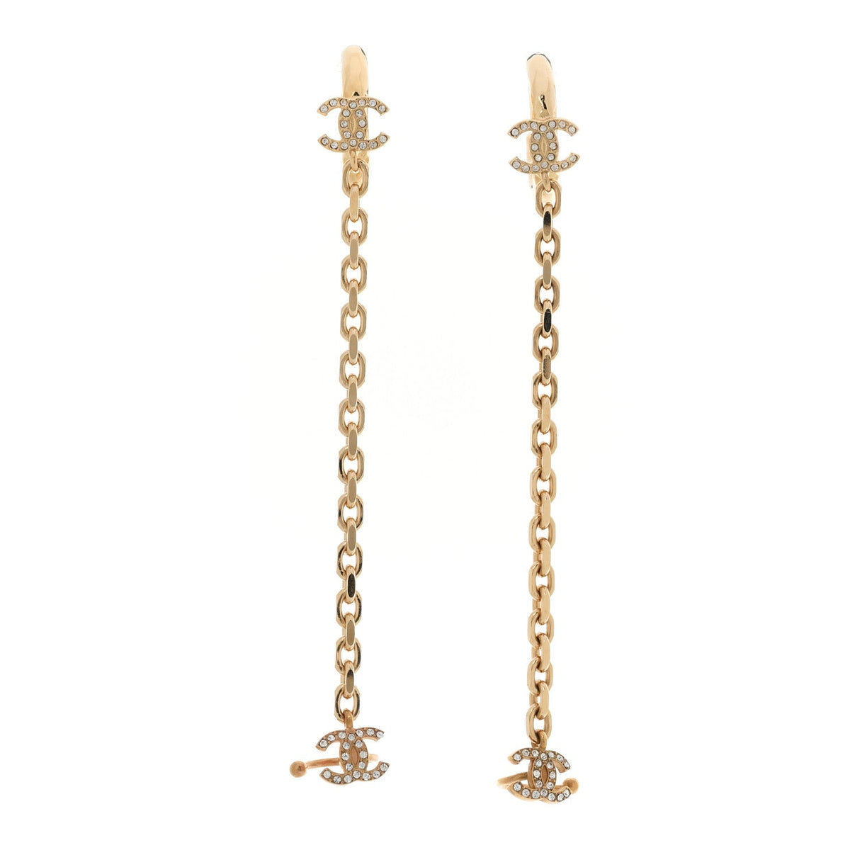 Chanel Crystal Chain CC Climber Earrings Gold