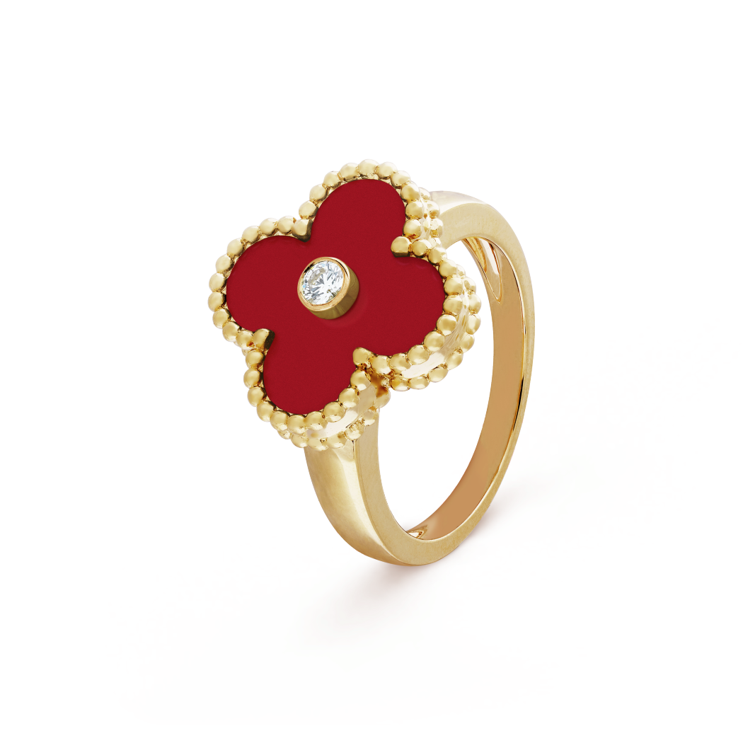18K Yellow Gold Carnelian Diamond VCA Vintage Alhambra Ring