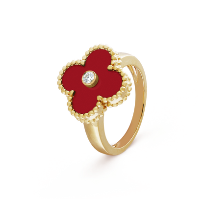 18K Yellow Gold Carnelian Diamond VCA Vintage Alhambra Ring