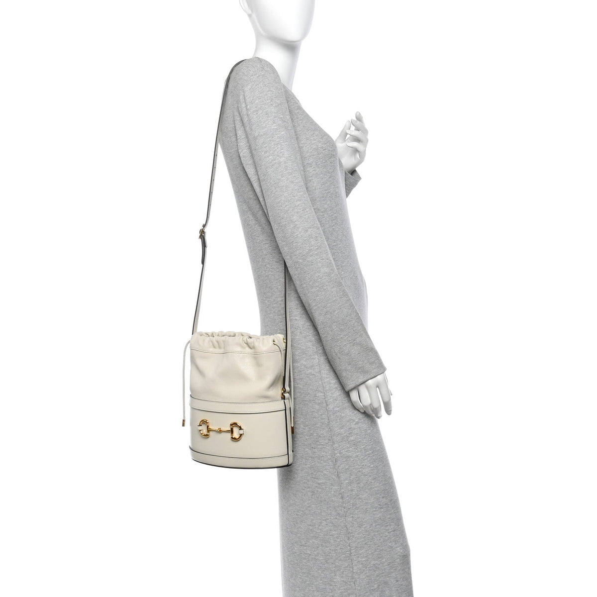 Gucci Calfskin Horsebit 1955 Drawstring Bucket Bag Mystic White