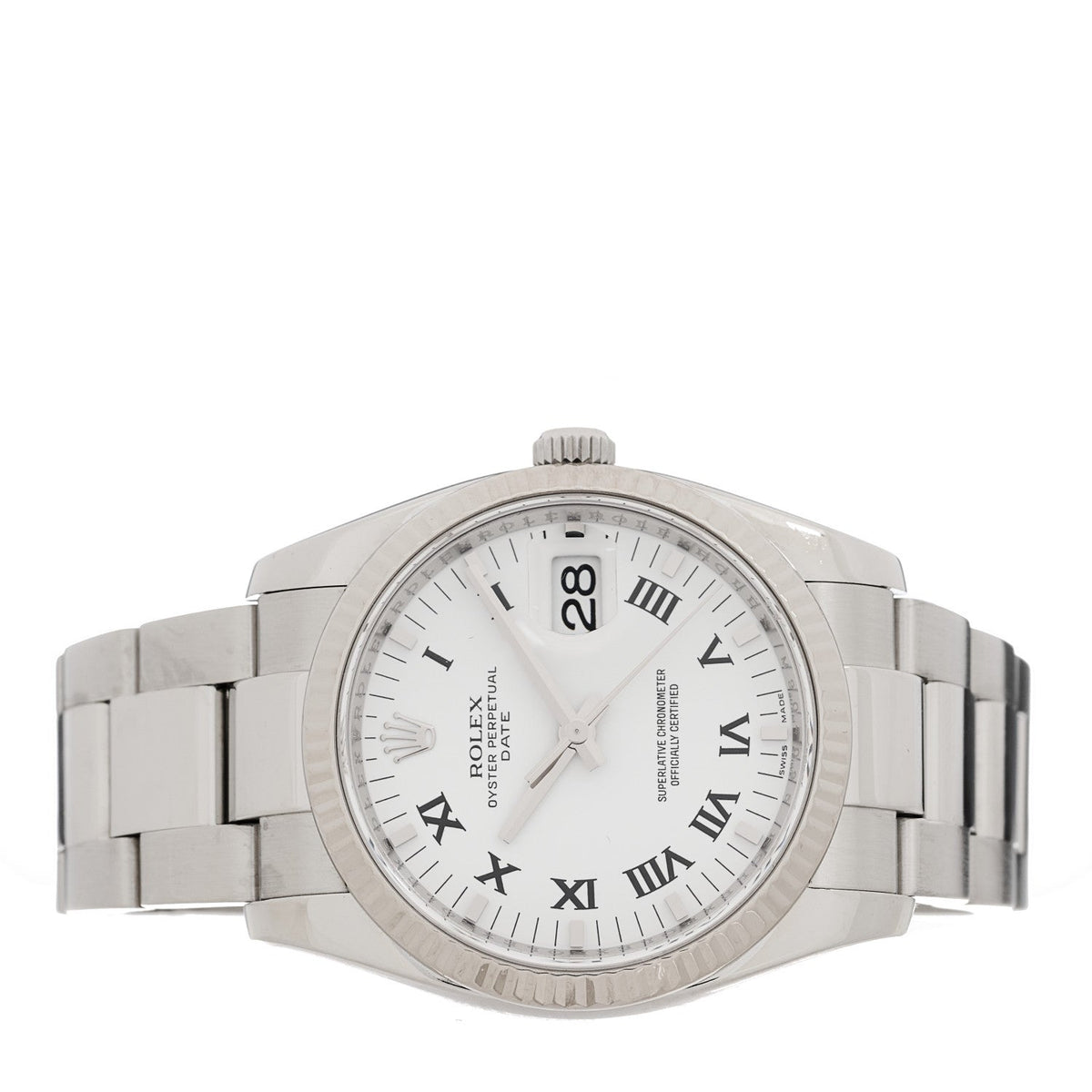 Rolex Stainless Steel 18K White Gold Diamond 34mm Oyster Perpetual Date Watch White Roman 115234