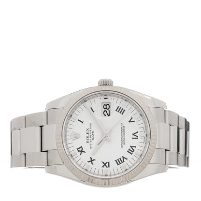 Rolex Stainless Steel 18K White Gold Diamond 34mm Oyster Perpetual Date Watch White Roman 115234