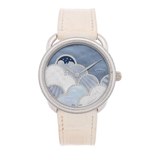 Hermes 18K White Gold Diamond 38mm Arceau Petite Lune Watch Blanc