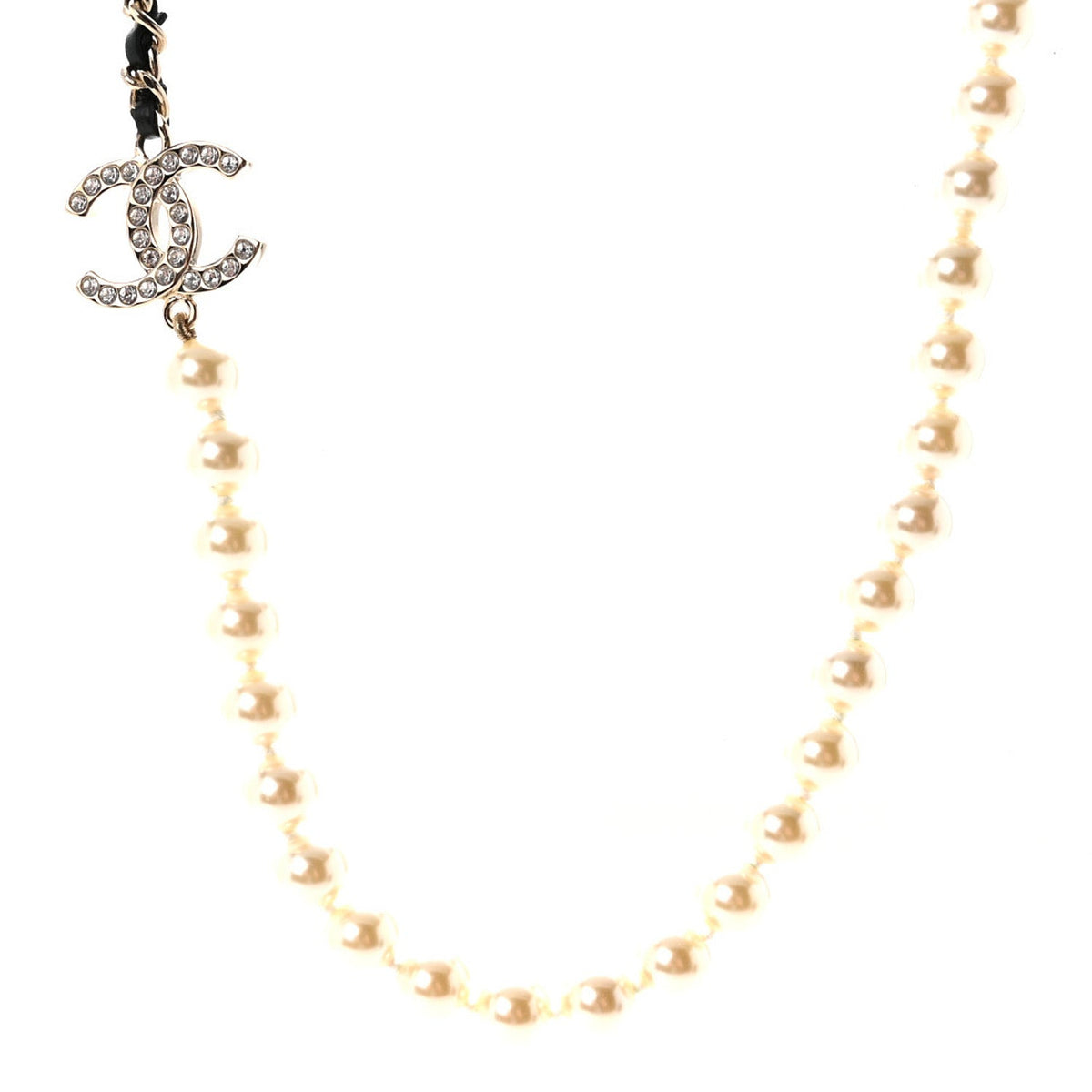 Chanel Lambskin Pearl Crystal CC Short Necklace Gold White Black