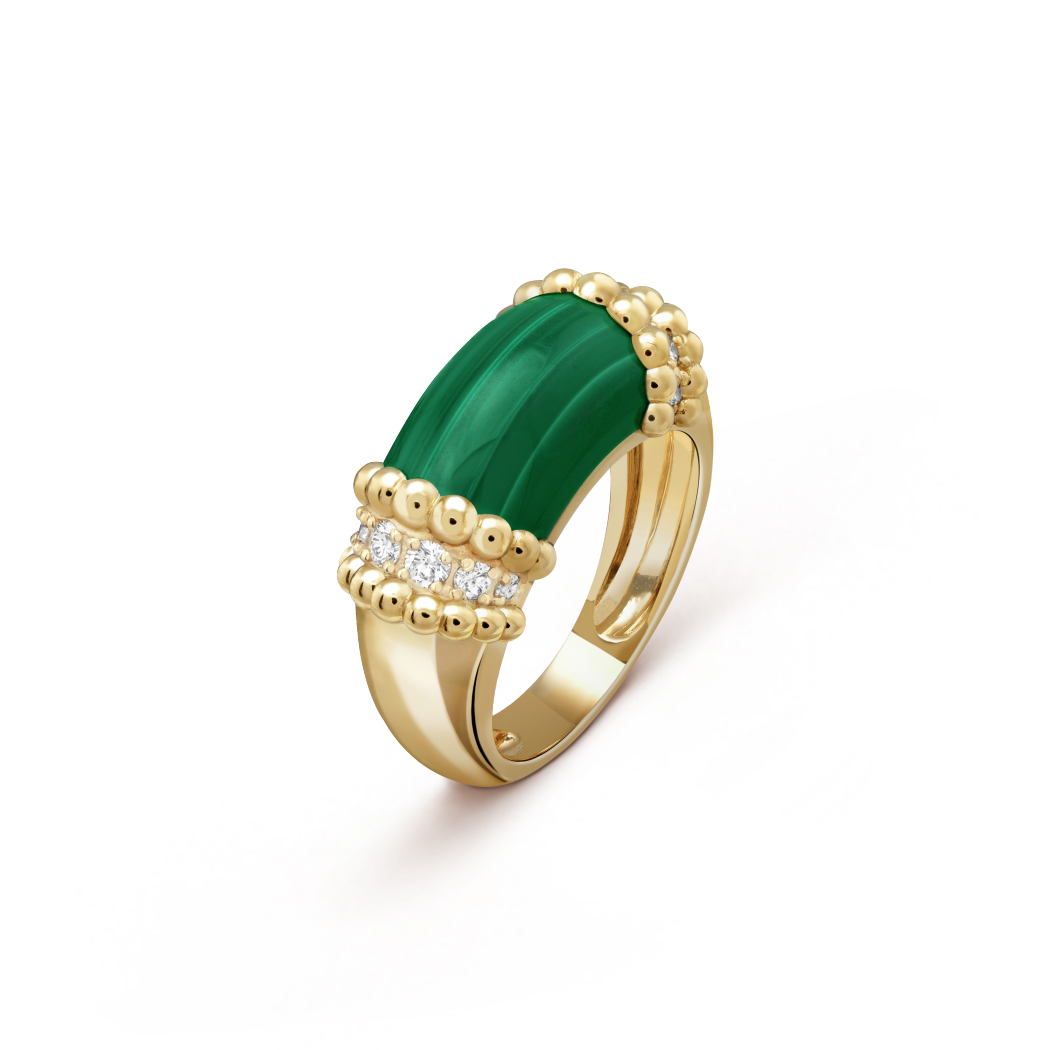 18K Yellow Gold Diamond Malachite VCA Perlée Couleurs Ring