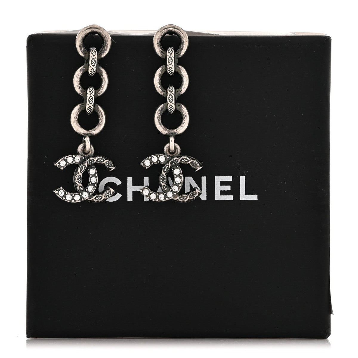 Chanel Crystal CC Chain Drop Earrings Silver