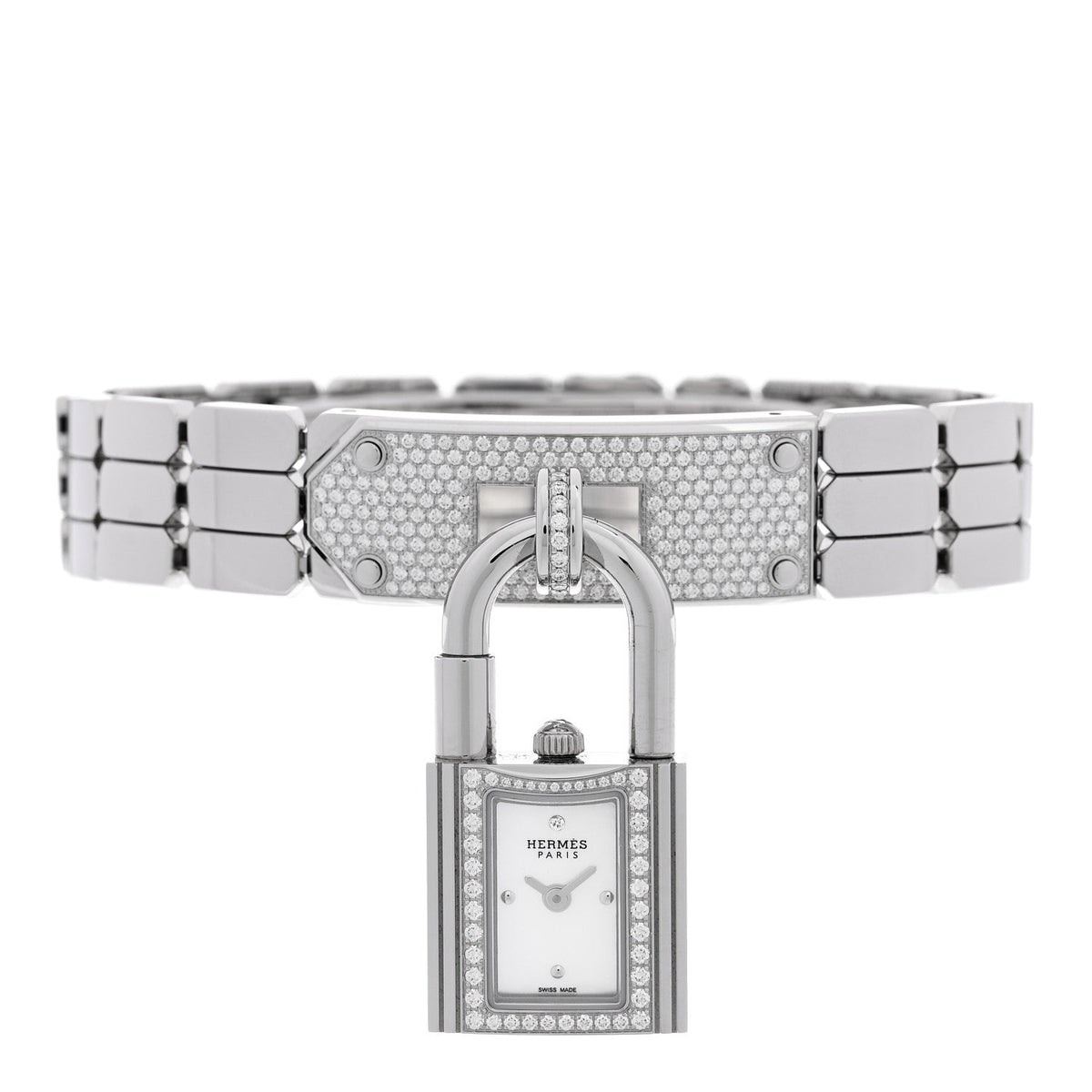Hermes Stainless Steel Diamond Pave 16mm Kelly Watch 1937817