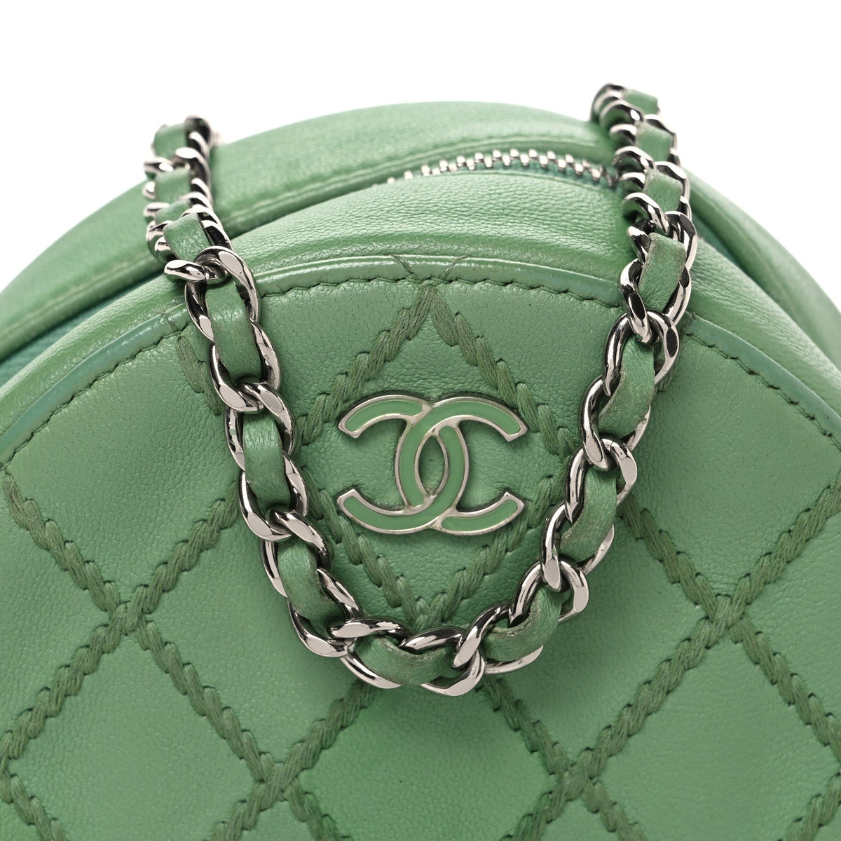 Chanel Lambskin Stitch Round Clutch With Chain Green