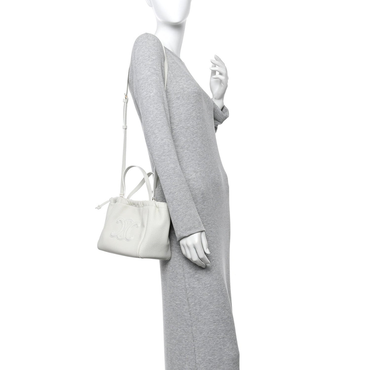 Celine Calfskin Cuir Small Triomphe Cabas Drawstring White