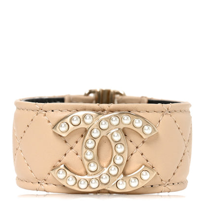 Chanel Lambskin Quilted Pearl CC Cuff Bracelet S Beige