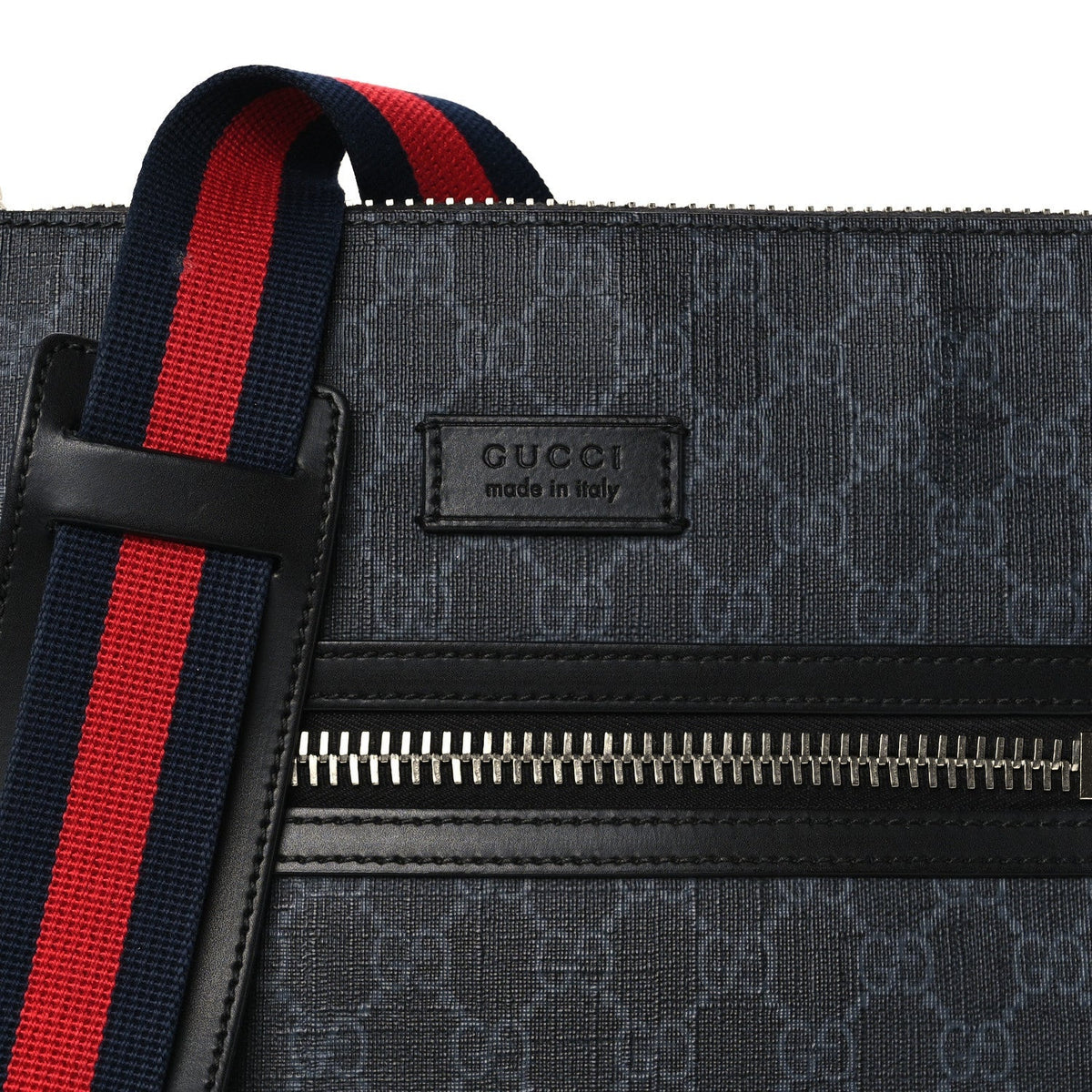 Gucci GG Supreme Calfskin Web Flat Messenger Bag Black Grey