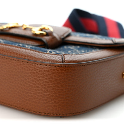 Gucci Denim Calfskin Mini Horsebit 1955 Shoulder Bag Blue Tea Cuir