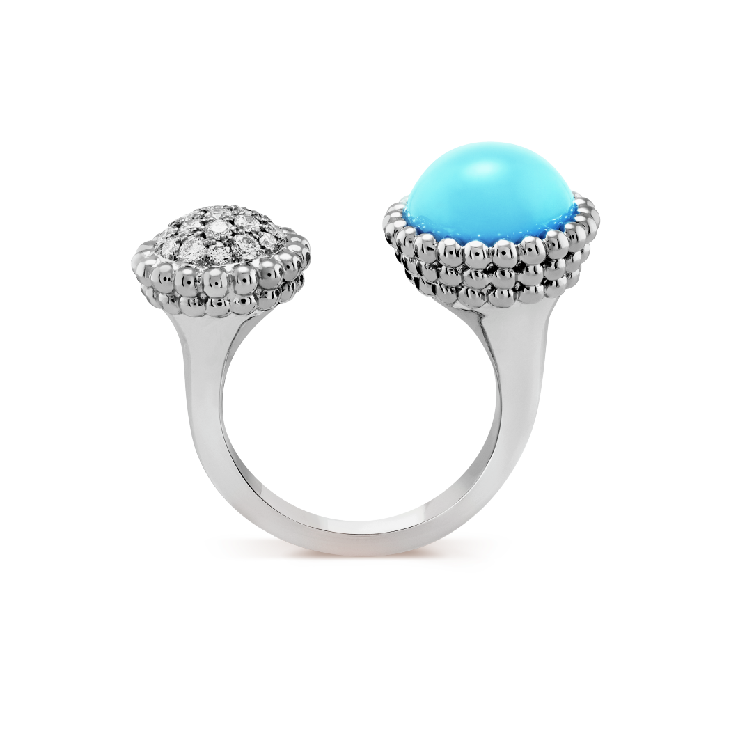 18K White Gold Turquoise VCA Perlée Couleurs Between the Finger Ring