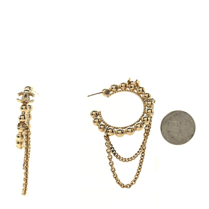 Chanel Metal Crystal Bead Chain CC Hoop Earrings Gold