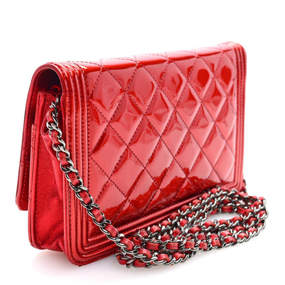 Chanel Metallic Patent Calfskin Quilted Boy Wallet On Chain Red 1985854
