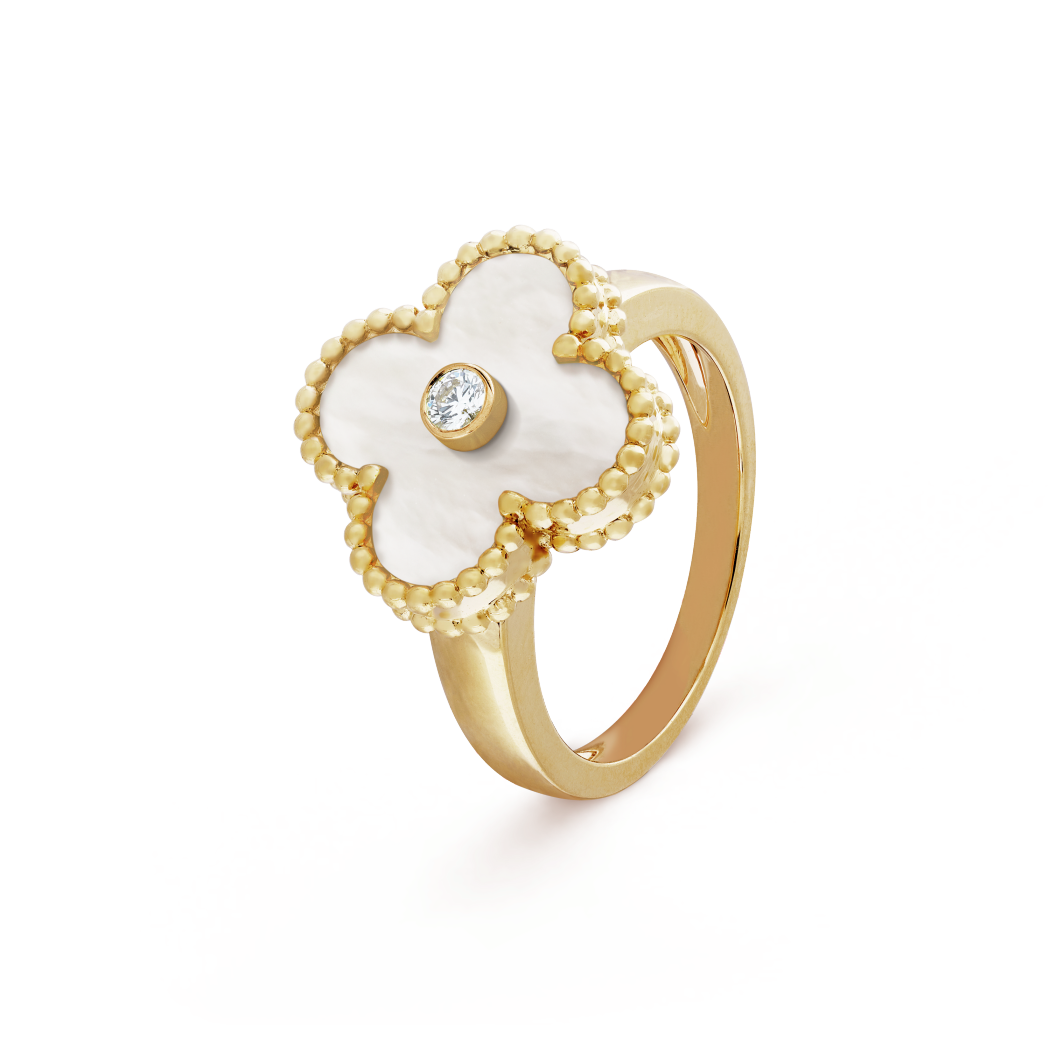 18K Gold Diamond Mother of Pearl VCA Vintage Alhambra Ring