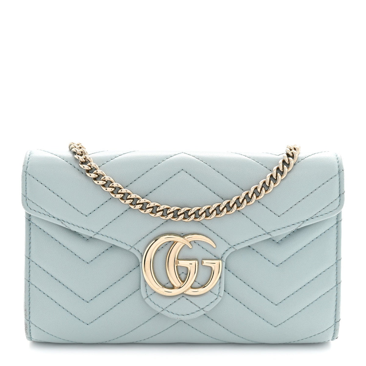 Gucci Calfskin Matelasse GG Marmont Chain Wallet Light Blue