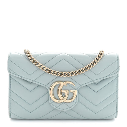 Gucci Calfskin Matelasse GG Marmont Chain Wallet Light Blue