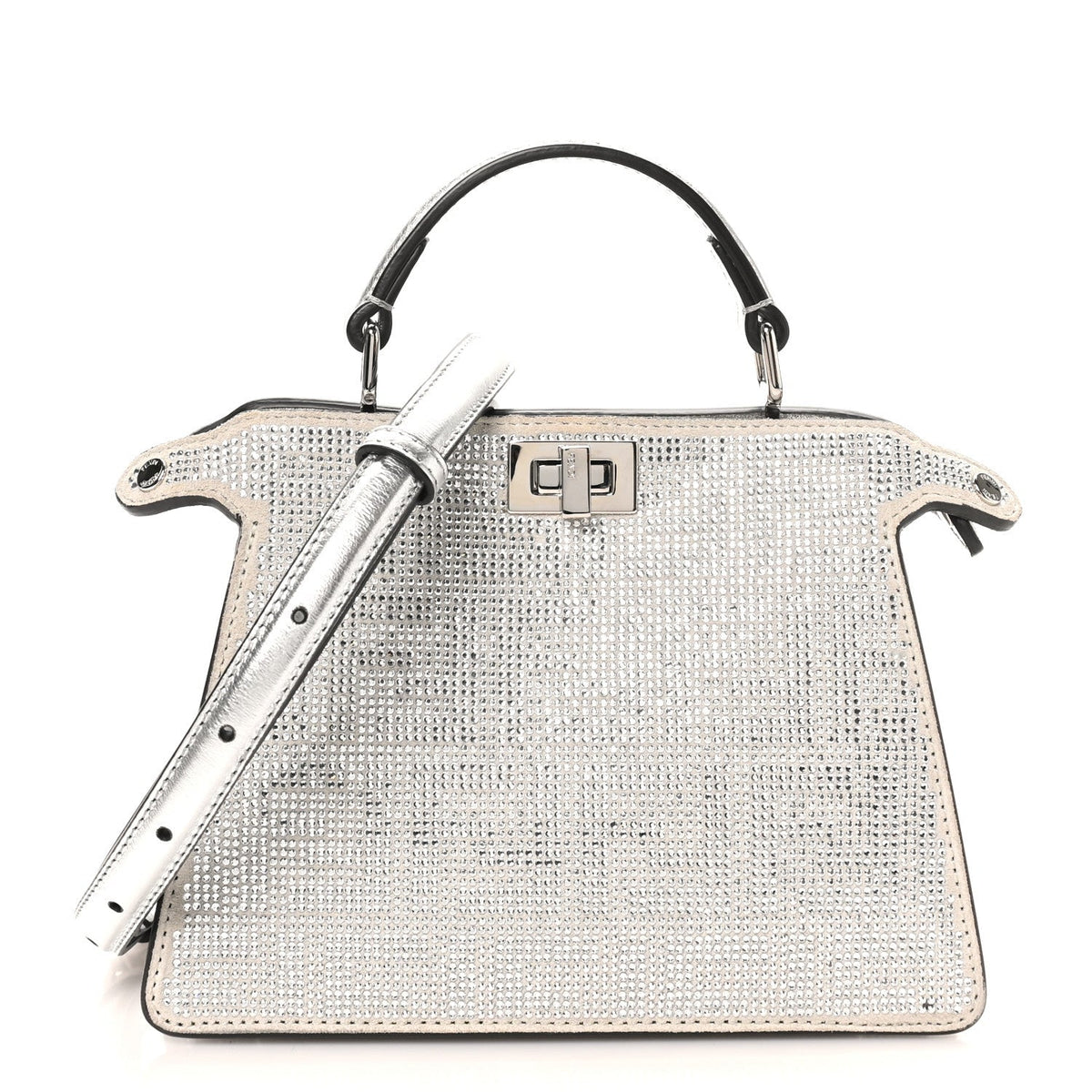Fendi Crystal Vitello Laminato Petite Peekaboo I SEE U Satchel Argento