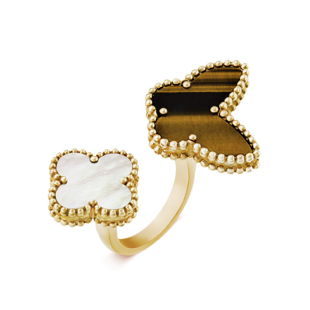 18K Yellow Gold Mother of Pearl Tiger's Eye VCA Lucky Alhambra Between the Finger Ring