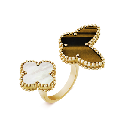 18K Yellow Gold Mother of Pearl Tiger's Eye VCA Lucky Alhambra Between the Finger Ring