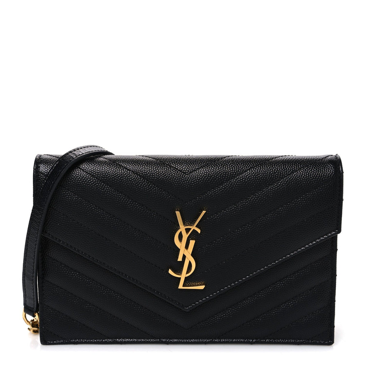 Saint Laurent Grain De Poudre Matelasse Chevron Monogram Envelope Chain Wallet Black
