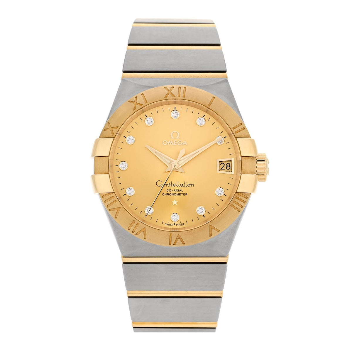 Omega Stainless Steel 18K Yellow Gold Diamond 38mm Constellation Co-Axial Watch Champagne 123.20.38.21.58.001