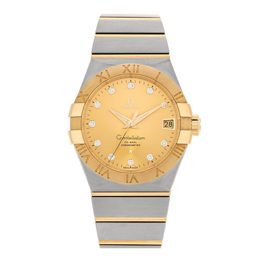 Omega Stainless Steel 18K Yellow Gold Diamond 38mm Constellation Co-Axial Watch Champagne 123.20.38.21.58.001