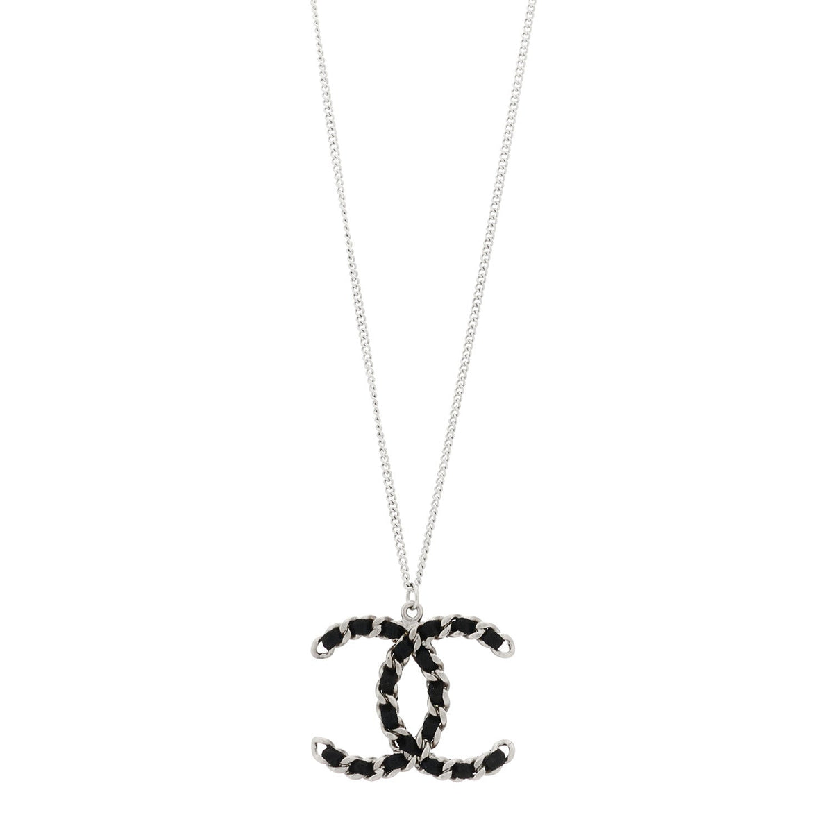 Chanel Lambskin CC Necklace Black Silver