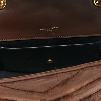 Saint Laurent Suede Chevron Quilted Medium Loulou Bark Brown