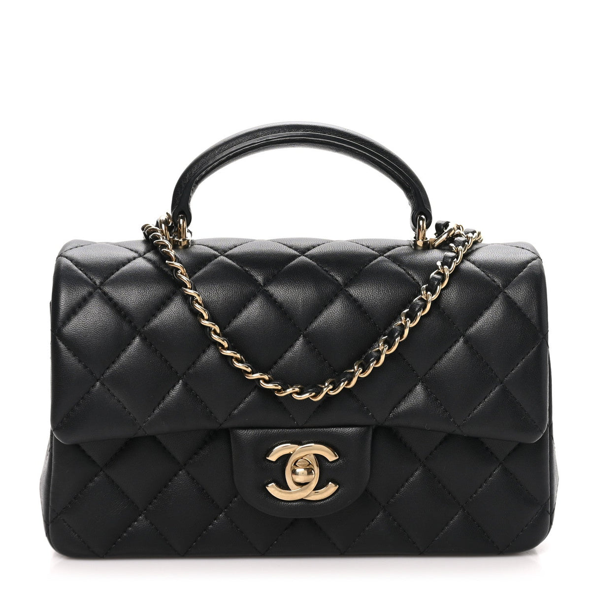 Chanel Lambskin Quilted Mini Top Handle Rectangular Flap Black