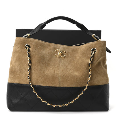 Chanel Suede Calfskin Shiny Lambskin Quilted Small Coco Base Shopping Bag Beige Black