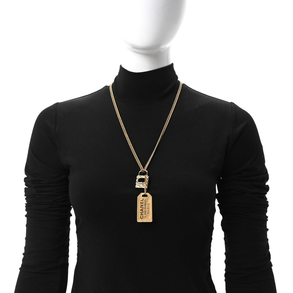 Chanel CC Padlock ID Dog Tag Charm Necklace Gold