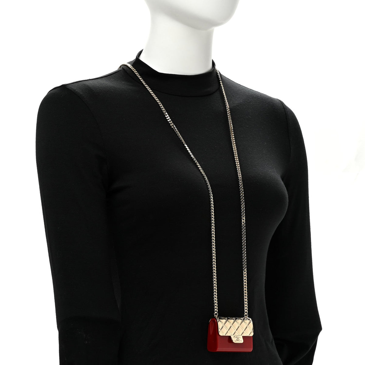 Chanel Metal Resin Flap Bag Long Necklace Gold Red