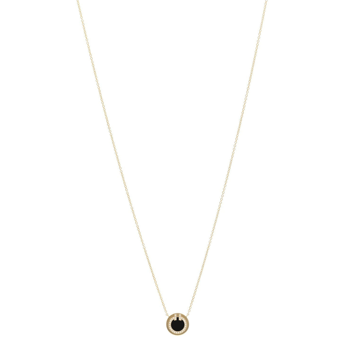 Tiffany 18K Yellow Gold Diamond Black Onyx Small T Circle Pendant Necklace