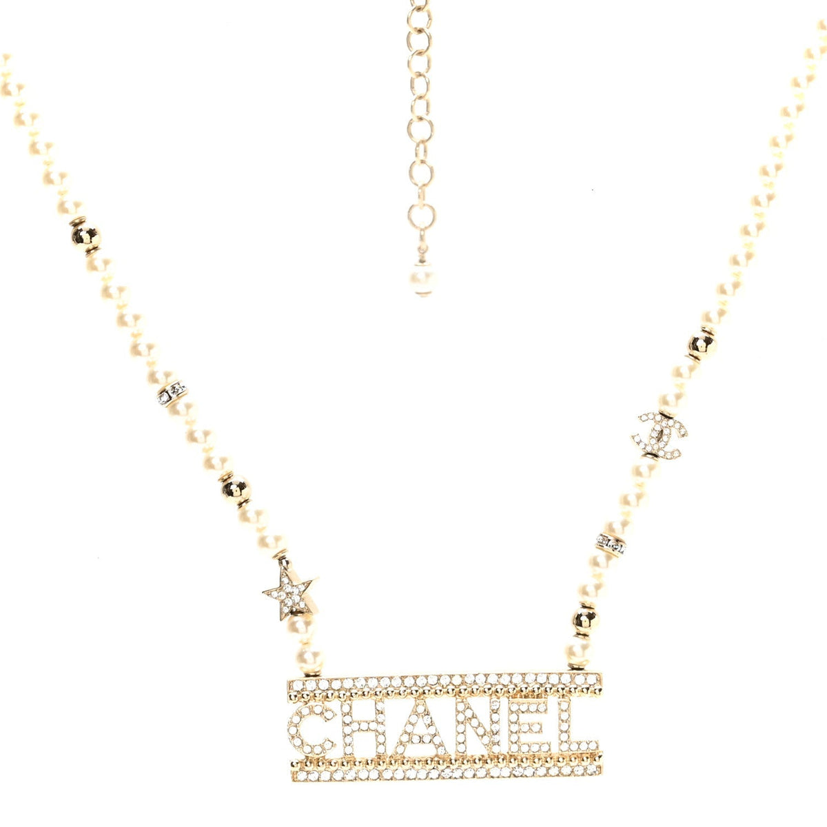 Chanel Crystal Pearl Star Logo Necklace Gold